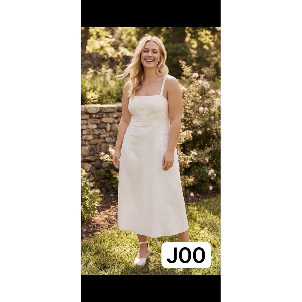 Zara White Linen Blend Embroidered Square Neck Midi Sundress Zip Lined Dress